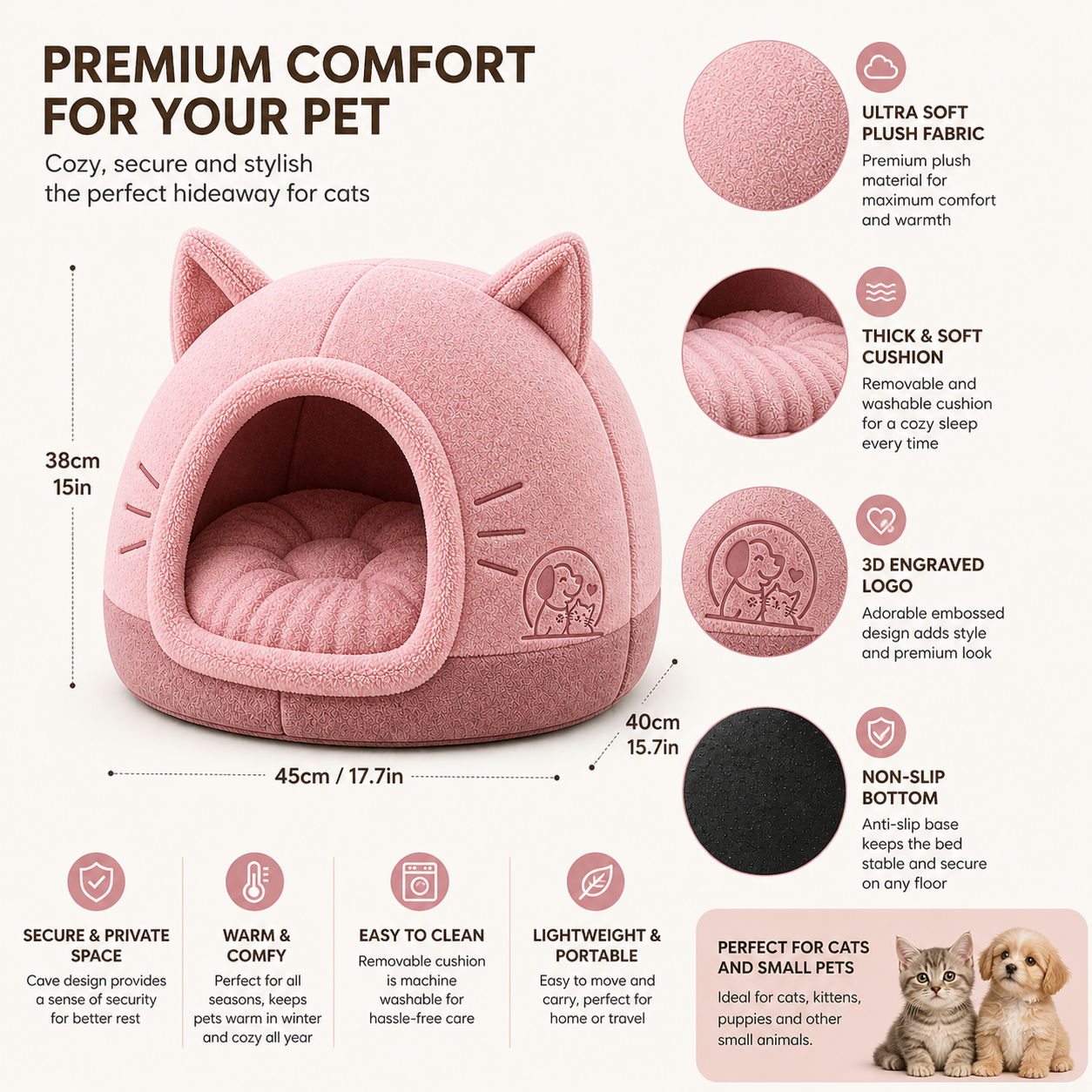 Cat Cave Bed – Enclosed Pet Bed for Cats & Small Dogs - Image 6
