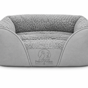 Pets N Potion Luxury Plush Dog Bed – Soft Washable Calming Dog Sofa Bed – Grey