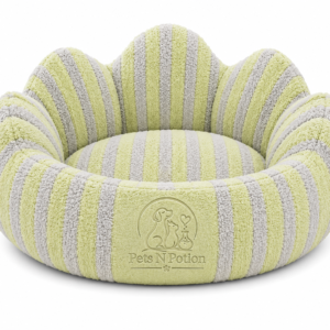Pets N Potion Round Plush Calming Dog Bed – Soft Washable Pet Bed – Yellow & Grey