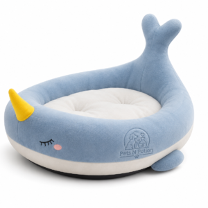 Pets N Potion Whale Shaped Plush Cat Bed – Soft Calming Kitten & Cat Bed – Blue